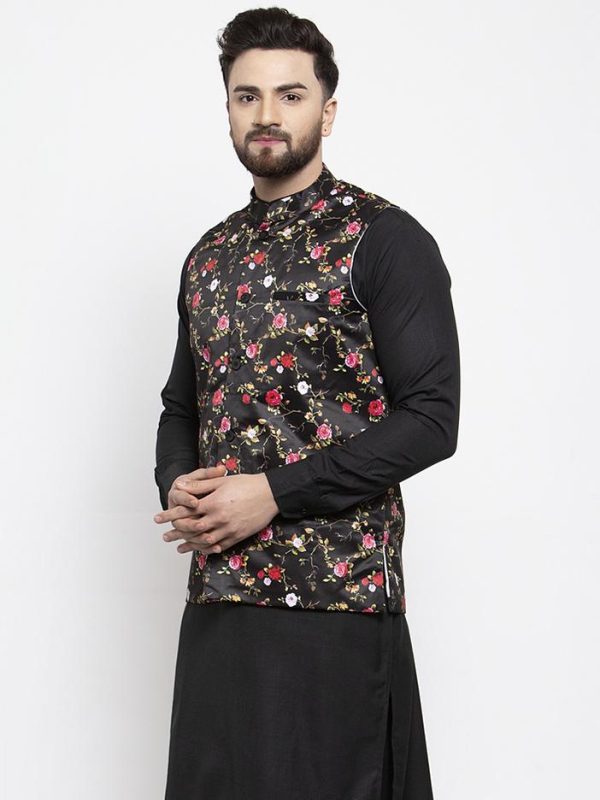 Jompers Men Black Printed Satin Nehru Jacket Sale