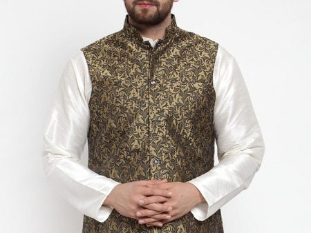 Jompers Men Gold-Coloured & Black Woven Design Nehru Jacket on Sale