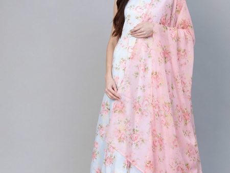 Ahalyaa Blue & Pink Floral Printed Anarkali Kurta with Dupatta For Sale