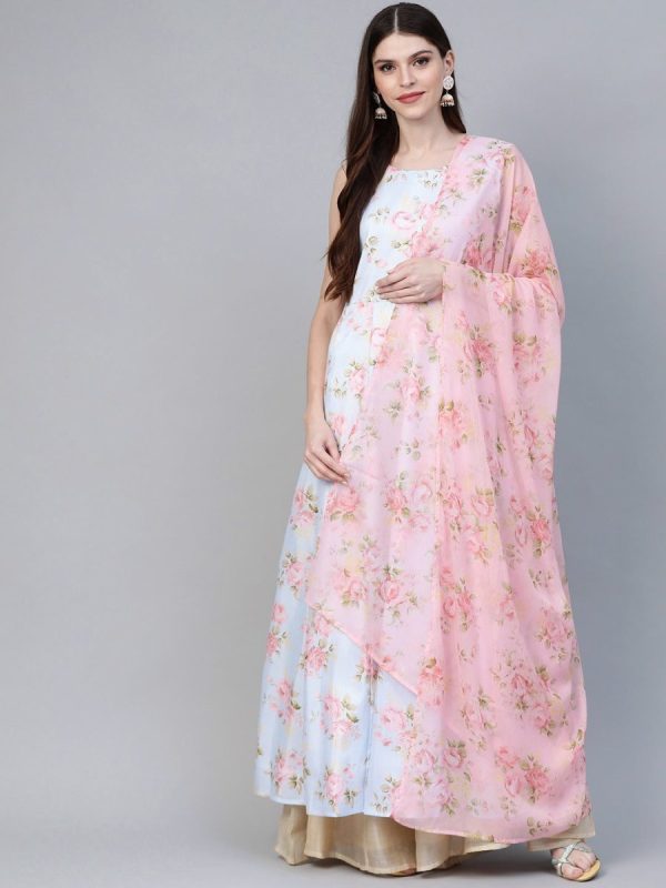 Ahalyaa Blue & Pink Floral Printed Anarkali Kurta with Dupatta For Sale