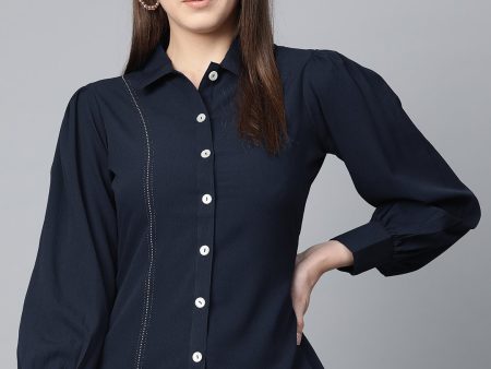 Jompers Women Navy Blue Regular Fit Crinkled Effect Casual Shirt on Sale