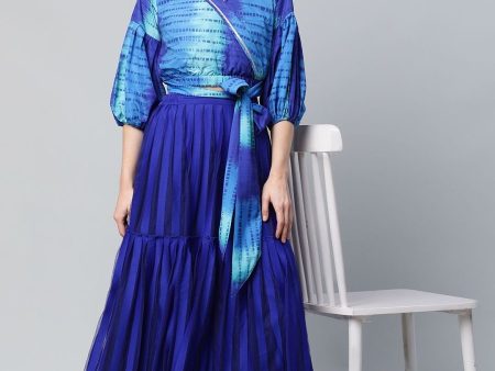 Ahalyaa Women Stunning Blue Crepe Printed Top with Skirt For Discount