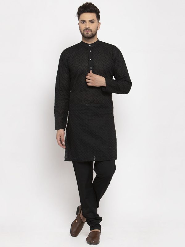 Jompers Men Black Chikan Kurta with Churidar For Cheap