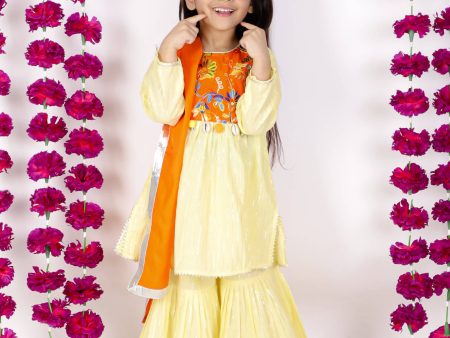 Little Bansi Girls Yellow & Orange Color Mirror work Kurta frock with Sharara & Dupatta Supply