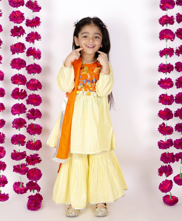 Little Bansi Girls Yellow & Orange Color Mirror work Kurta frock with Sharara & Dupatta Supply