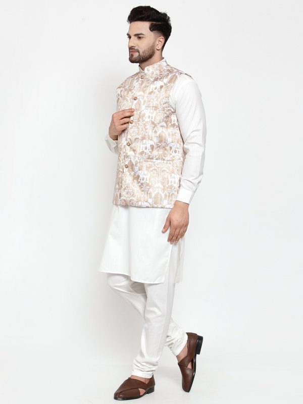 Jompers Men Beige Printed Satin Nehru Jacket on Sale