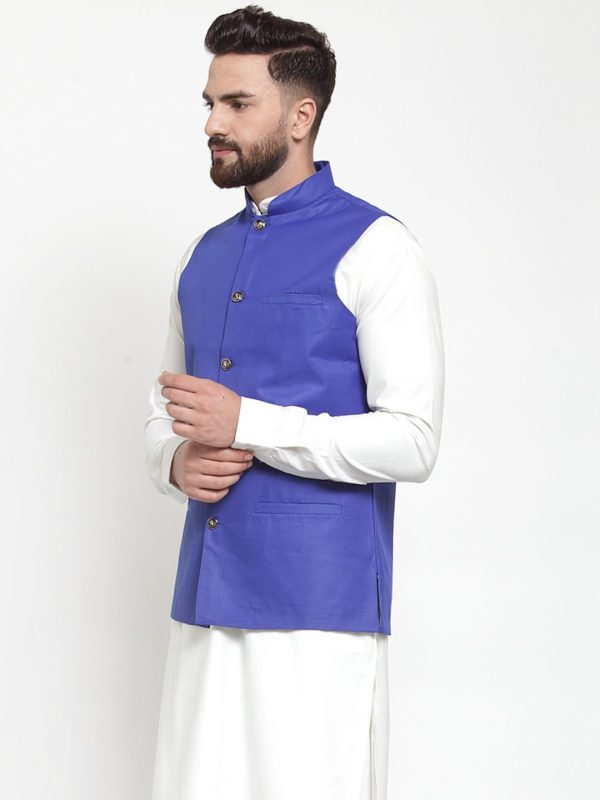 Jompers Men Royal-Blue Solid Nehru Jacket Online