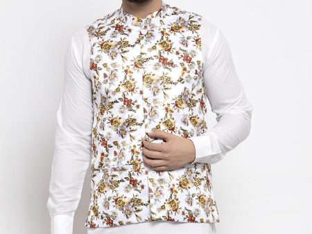 Jompers Men White Printed Satin Nehru Jacket Hot on Sale