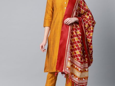 Jompers Women Mustard & Red Self-Striped Kurta with Trousers & Dupatta Online Hot Sale