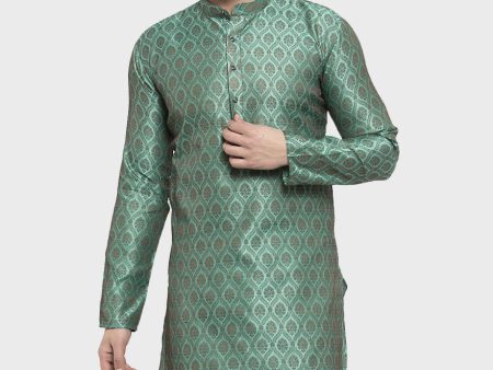 Jompers Men Green & Grey Jacquard Kurta Only Online now