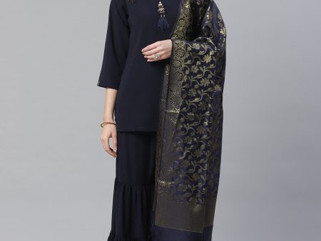 Jompers Women Navy Blue & Golden Solid Kurti with Sharara & Woven Design Dupatta Online