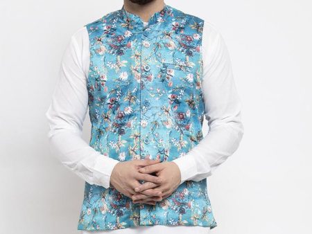 Jompers Men Sky-Blue Printed Satin Nehru Jacket For Sale