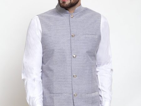 Jompers Men Steel-Blue Woven Design Nehru Jacket Fashion