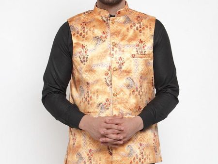 Jompers Men Orange Printed Satin Nehru Jacket Fashion