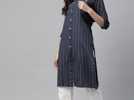 Jompers Women Navy Blue & White Striped Indigo Fusion Kurta For Sale