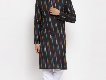 Jompers Men Black Woven Design Ikkat Straight Kurta with Churidar For Sale