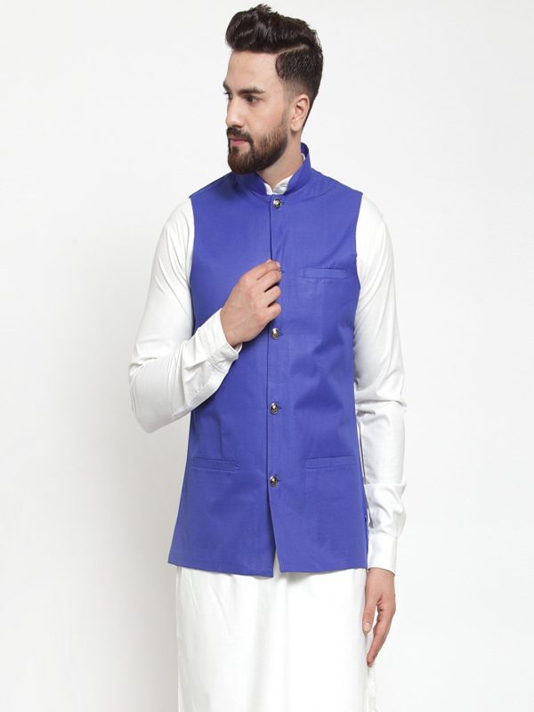 Jompers Men Royal-Blue Solid Nehru Jacket Online