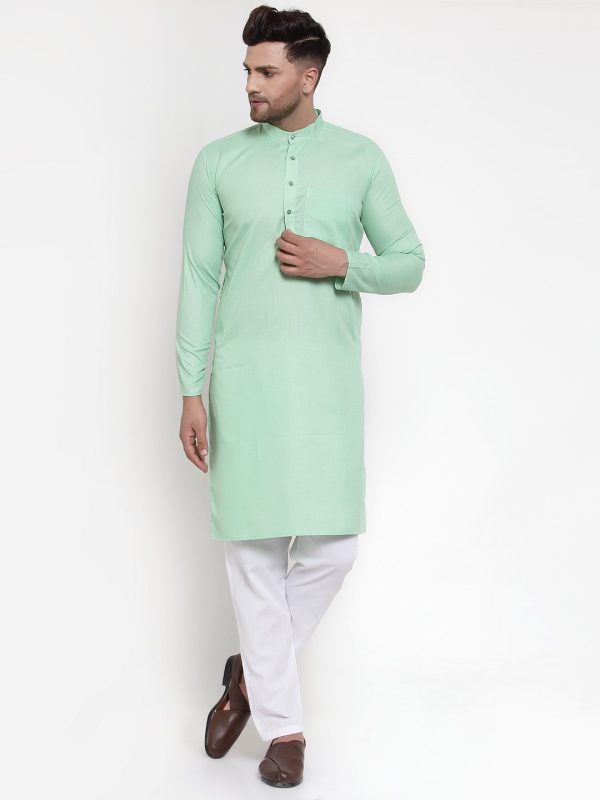 Jompers Men Green & White Solid Kurta Only Online