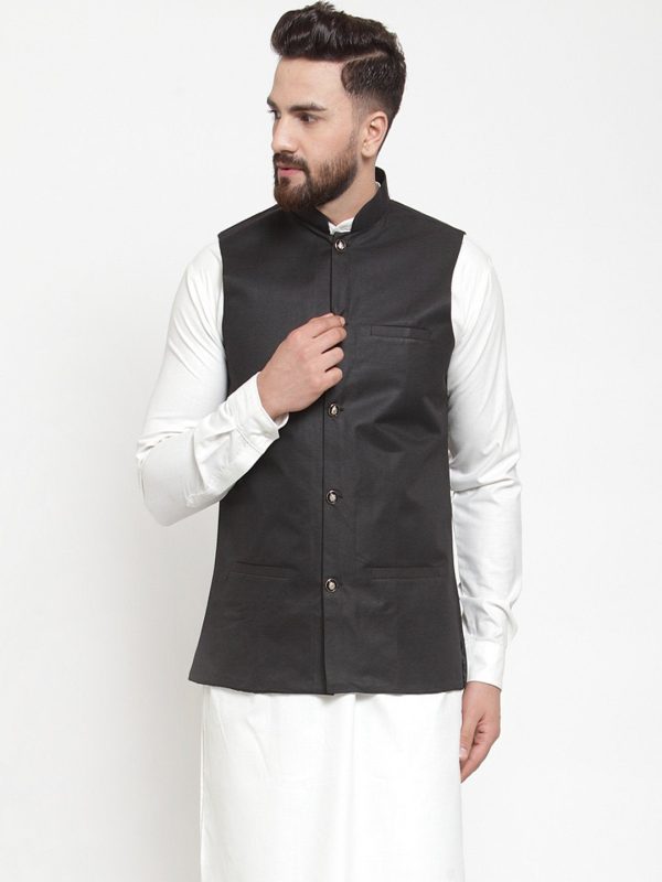 Jompers Men Black Solid Nehru Jacket For Discount