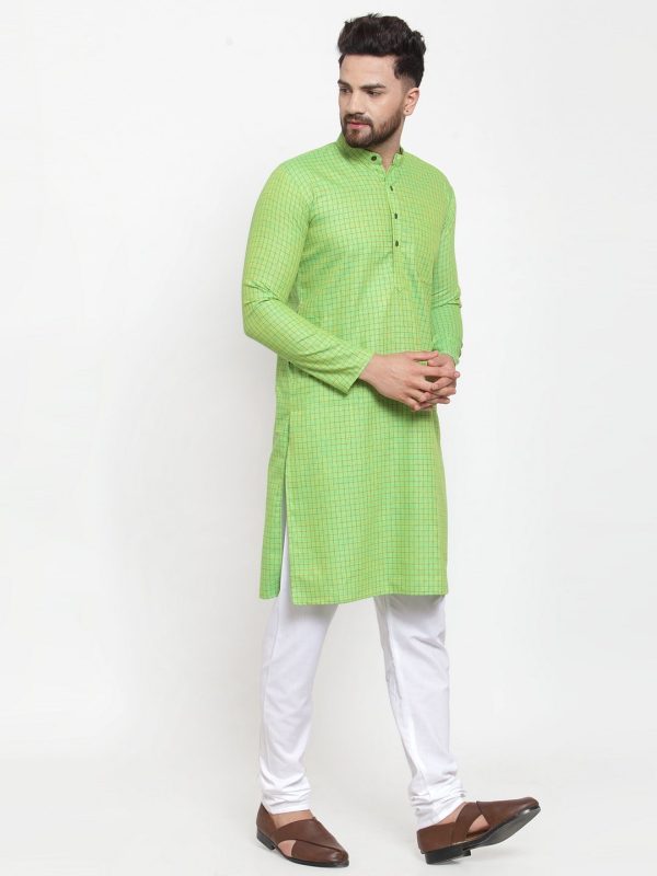 Jompers Men Green Checked Self Design Kurta with White Churidar Discount