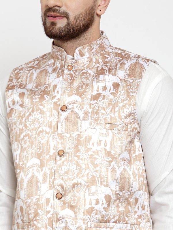 Jompers Men Beige Printed Satin Nehru Jacket on Sale