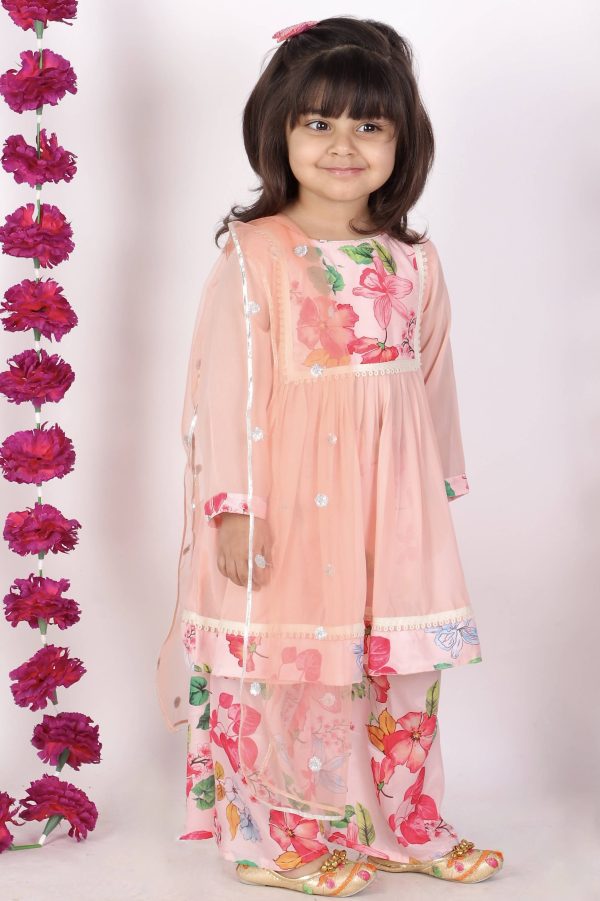 Little Bansi Girls Peach Color Rose print Kurta Frock with Floral Plazzo and Dupatta Online now