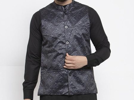 Jompers Men Charcoal Grey Printed Satin Nehru Jacket Fashion