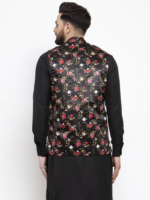 Jompers Men Black Printed Satin Nehru Jacket Sale