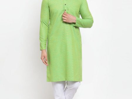 Jompers Men Green Checked Self Design Kurta with White Churidar Discount