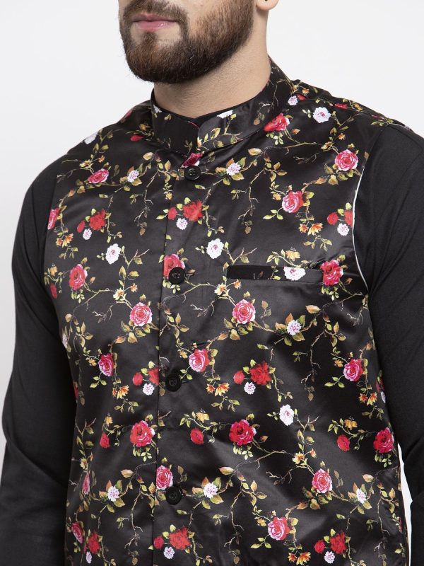 Jompers Men Black Printed Satin Nehru Jacket Sale