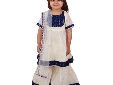 Little Bansi Girls Cream & Indigo Mirror work Kurta Frock with Sharara & Dupatta Sale