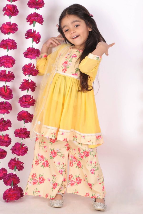 Little Bansi Girls Rose print Kurta Frock with Floral Plazzo and Dupatta - Yellow Online now