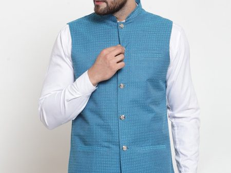 Jompers Men Turquoise Blue Woven Design Nehru Jacket Discount