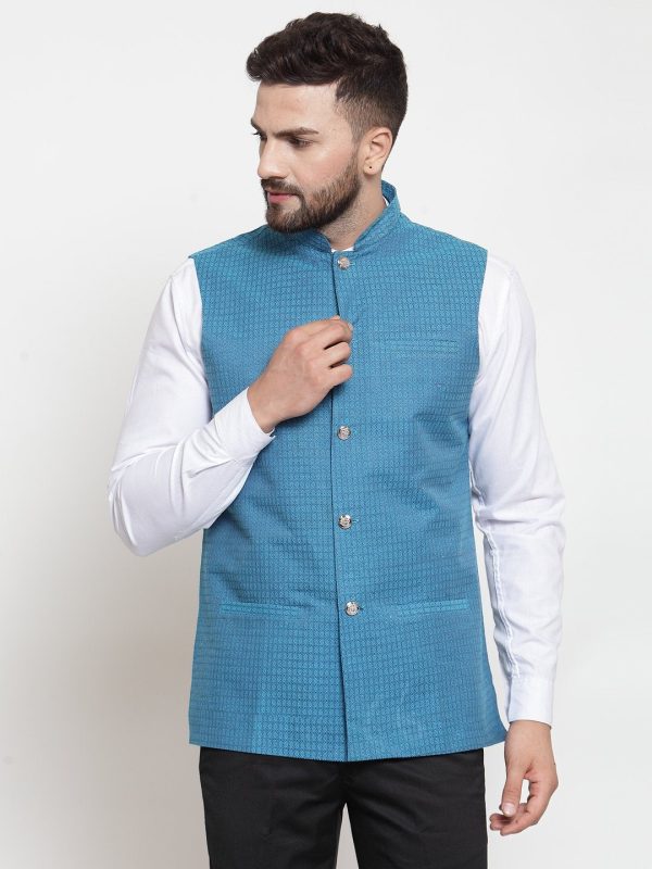 Jompers Men Turquoise Blue Woven Design Nehru Jacket Discount