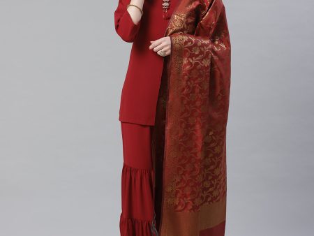 Jompers Women Maroon & Golden Solid Kurti with Sharara & Woven Design Dupatta Hot on Sale