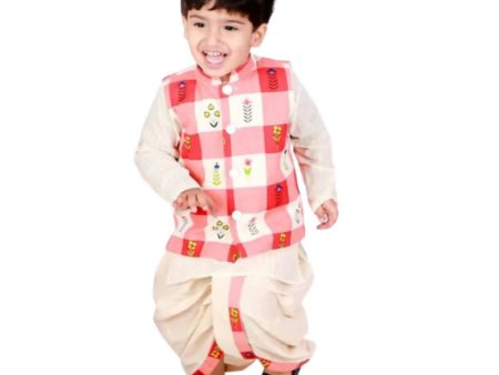 Little Bansi Boys Cream Color Floral Check Jacket with Kurta and Dhoti For Cheap