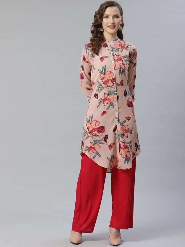 Jompers Women Peach & Red Printed Summer-cool A-line Kurta Online Hot Sale