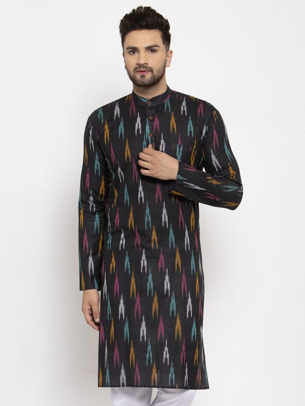 Jompers Men Black Woven Design Ikkat Straight Kurta Only Hot on Sale