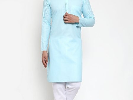 Jompers Men Sky-Blue & White Solid Kurta with Churidar on Sale