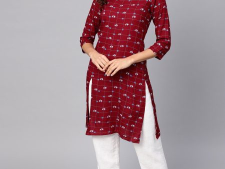 Jompers Women Maroon & Off-White Checked Straight Kurta For Cheap