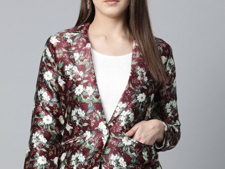 Jompers Women Maroon & Green Satin Floral Print Single-Breasted Casual Blazer For Discount