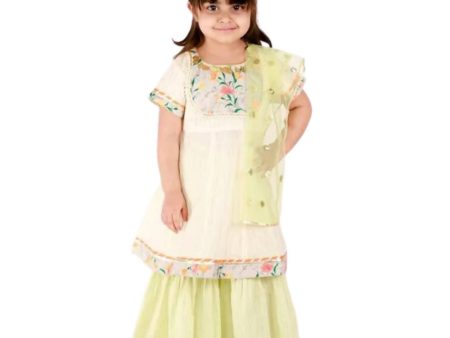 Little Bansi Girls Green Sikka work Gold strip Kurta Frock with sharara and Dupatta Cheap