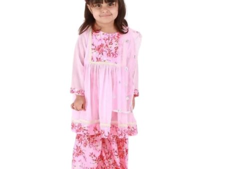 Little Bansi Girls Pink Floral print Kurta Frock with Floral Plazzo and Dupatta Discount