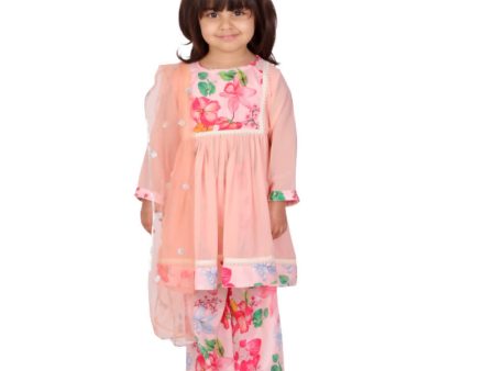 Little Bansi Girls Peach Color Rose print Kurta Frock with Floral Plazzo and Dupatta Online now