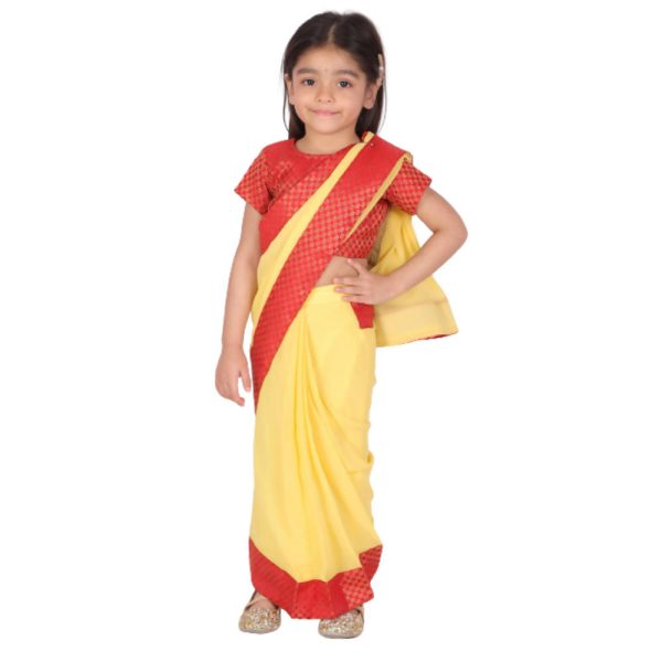 Little Bansi Girls Red and Yellow Color Saree with Floral Brocade Blouse Sale