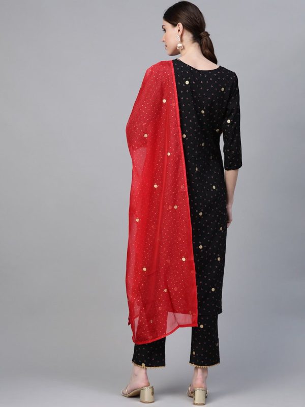 Ahalyaa Black & Pink Bandhani Khari Printed Kurta with Trousers & Dupatta Sale