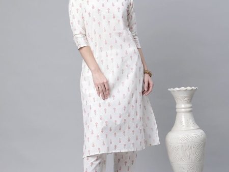 Ahalyaa Women White Pure Cotton Printed Kurta Pant Set For Discount