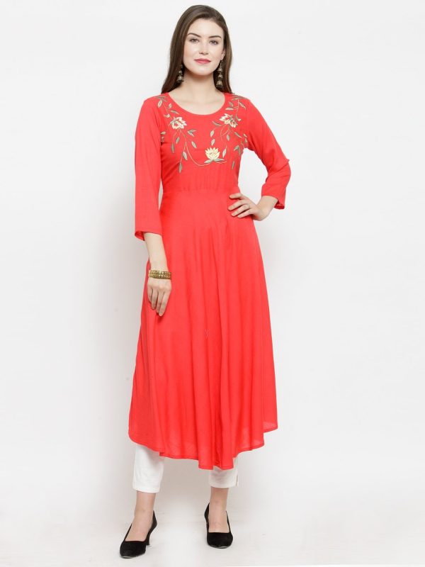 Jompers Women Peach embroidered Flaired Kurta Hot on Sale