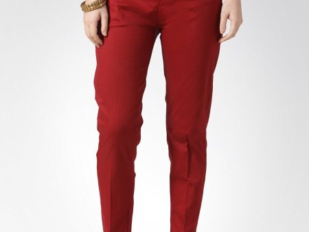 Jompers Women Maroon Smart Slim Fit Solid Regular Trousers on Sale