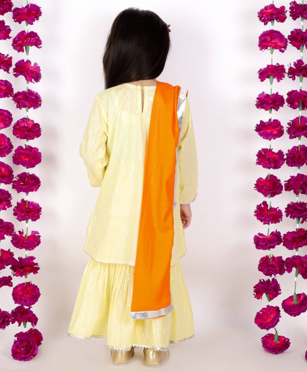 Little Bansi Girls Yellow & Orange Color Mirror work Kurta frock with Sharara & Dupatta Supply